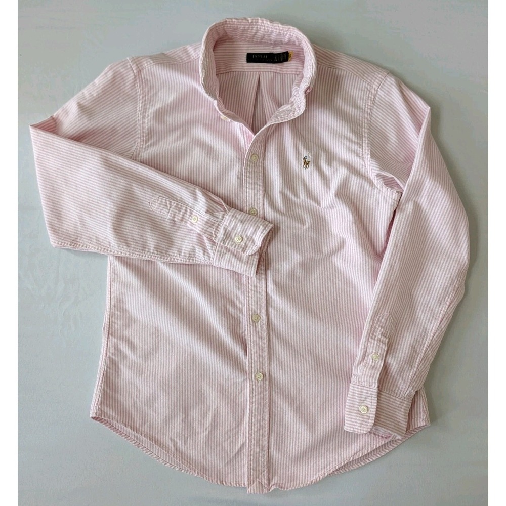 Polo Ralph Lauren Button Down Shirt Women's Small Pink White Striped Flesh Pony